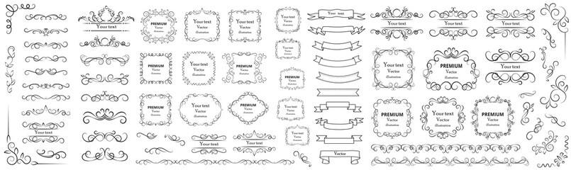 Calligraphic design elements . Decorative swirls or scrolls, vintage frames , flourishes, labels and dividers. Retro vector illustration