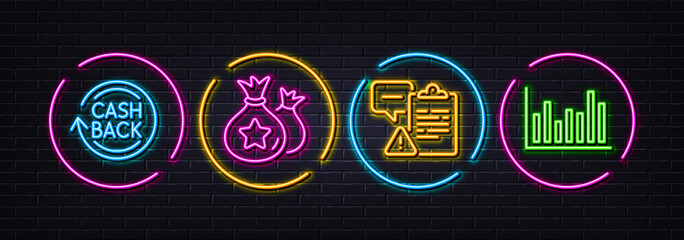 Clipboard, Cashback and Loyalty points minimal line icons. Neon laser 3d lights. Bar diagram icons. For web, application, printing. Caution document, Refund commission, Money bags. Vector