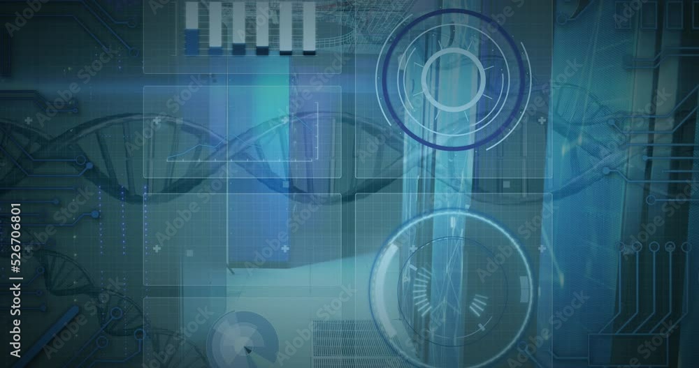 Poster animation of round scanners, data processing and dna structures spinning against blue background