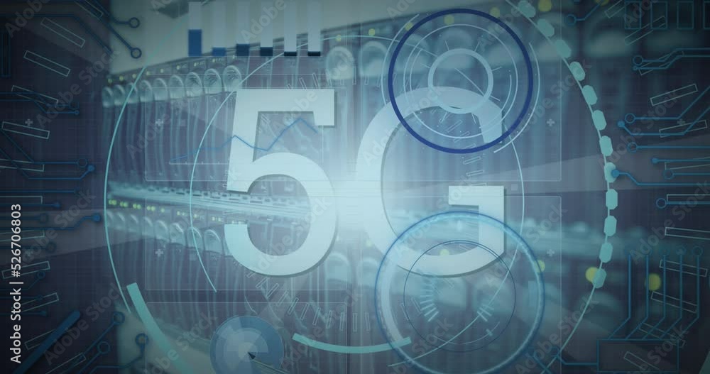 Poster animation of 5g text banner and round scanners over close up of a computer server