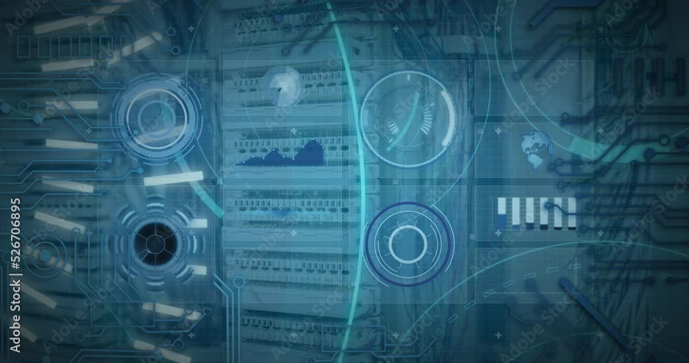 Poster animation of 5g text banner, round scanners and data processing against computer server room