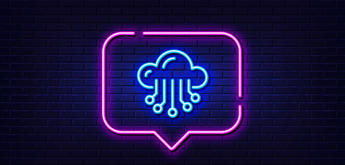 Neon light speech bubble. Cloud storage service line icon. Big data sign. Neon light background. Cloud storage glow line. Brick wall banner. Vector