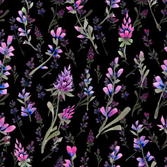 Floral seamless pattern. Elegant botanical background with viola plants, blue and purple flowers, leaves on black backdrop. Abstract ornament texture. Repeat design for print, wallpapers