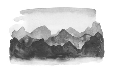 Fototapeta premium Landscape with mountains. Traditional Japanese ink painting sumi-e. Contains hieroglyphs - peace, tranquility, clarity