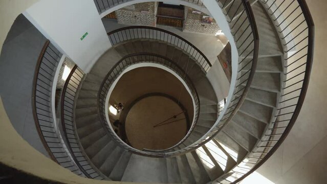 View From Spiral Stairs Of Foucault Pendulum Inside Nicolaus Copernicus Museum In Frombork, Poland. high angle