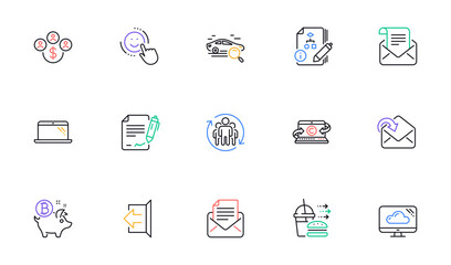 Search car, Algorithm and Smile line icons for website, printing. Collection of Copywriting notebook, Laptop, Receive mail icons. Mail newsletter, Cloud storage, Food delivery web elements. Vector