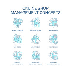 Online shop management turquoise concept icons set. Marketing techniques. Ecommerce idea thin line color illustrations. Isolated symbols. Editable stroke. Roboto-Medium, Myriad Pro-Bold fonts used