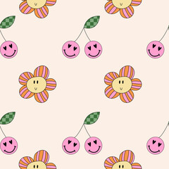 Retro daisy flowers seamless background. Groovy retro seamless pattern. Groovy nostalgic seamless background for textile