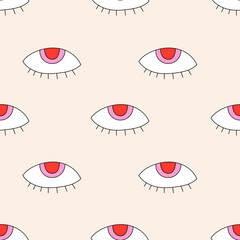 Psychedelic seamless background with eyes. Groovy retro seamless pattern. 70s vibes nostalgic seamless background for textile 