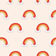 Psychedelic seamless background with rainbows and eyes. Groovy retro seamless pattern. Retro pattern. 70s vibes nostalgic pattern