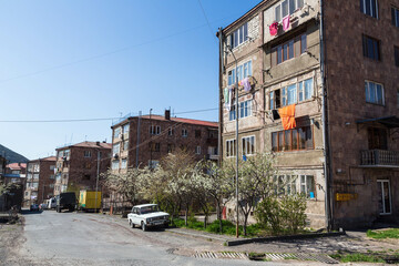 Goris, Armenia - April 2022: Street of an old village of Goris in South Armenia