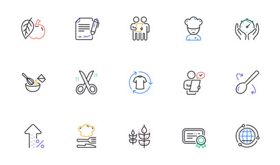 Chef hat, Customer survey, Approved application line icons. Scissors cutting, Certificate icons. Interest rate, gluten free. Linear set. Bicolor outline web elements. Vector