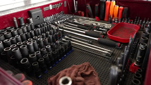 Clean organized mechanic toolbox. Repair technician car shop garage service center. Shot on 4k SONY A7SIII
