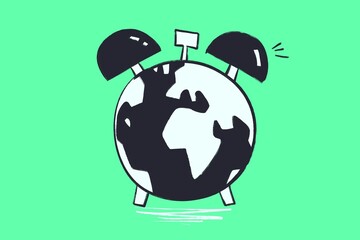 Illustration of an alarm displaying planet Earth - Comic illustration in cartoon funny style