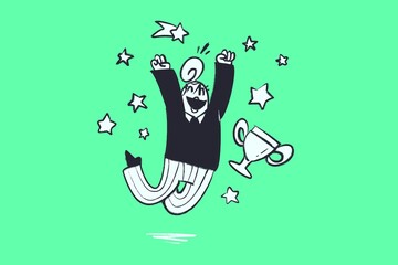 Illustration of a woman jumping for reaching success, stars, cup, trophy, reward - Comic illustration in cartoon funny style