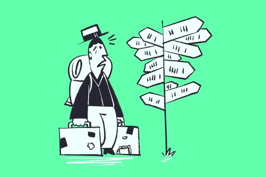Illustration of a man with luggage looking at signal with too many direction, disoriented, lost - Comic illustration in cartoon funny style