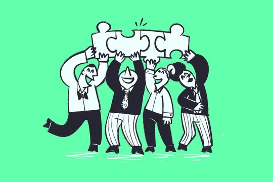 Employees Performing Team Building Activity, Help, Support Each Other To Solve Problems - Comic Illustration In Cartoon Funny Style