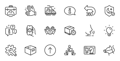Outline set of Customisation, Dog leash and Swipe up line icons for web application. Talk, information, delivery truck outline icon. Include Seo strategy, Light bulb, Delivery timer icons. Vector