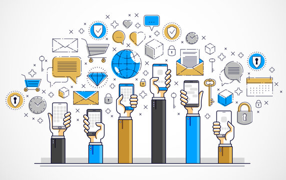 Internet communication and activity, people hands holding phones and using apps, global network, modern communication, messenger or social media concept, vector design.