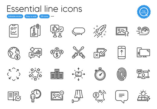 Text message, Attached info and Computer line icons. Collection of Startup rocket, Vip access, Checkbox icons. Stars, Wall lamp, Swipe up web elements. Solar panels, Company, Cardboard box. Vector