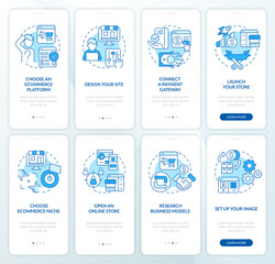 Online shop management blue onboarding mobile app screen set. Startup walkthrough 4 steps editable graphic instructions with linear concepts. UI, UX, GUI template. Myriad Pro-Bold, Regular fonts used