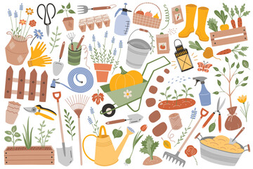 Set of garden tools icons, doodle illustrations of gardening and farm equipment, wheelbarrow, secateurs, flowerpots, agriculture items collection, isolated colored clipart on white background