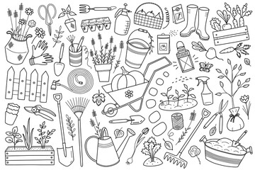 Garden equipment collection, doodle icons of plants and gardening tools, wheelbarrow, soil, flowerpots, agricultural set of vector illustrations, isolated outline clipart on white background © Elena