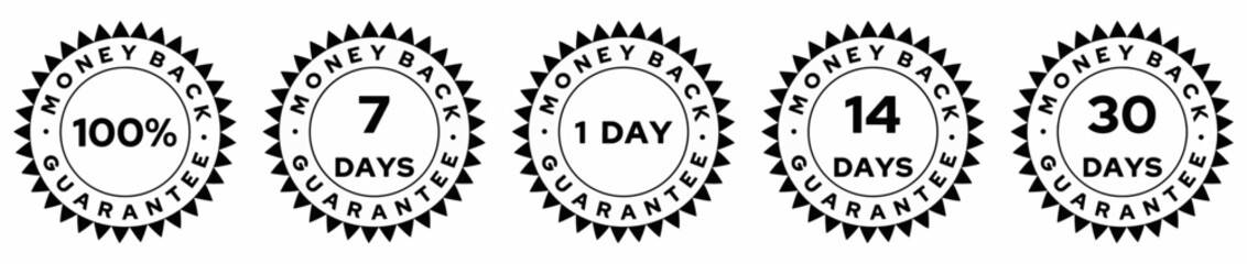 Money back guarantee set vector seal. 100%, 1, 7, 14, 30 days