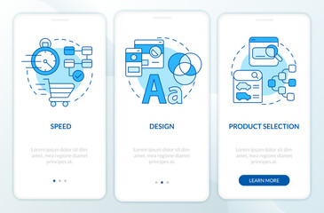 Ecommerce customer requirements blue onboarding mobile app screen. Walkthrough 3 steps editable graphic instructions with linear concepts. UI, UX, GUI template. Myriad Pro-Bold, Regular fonts used