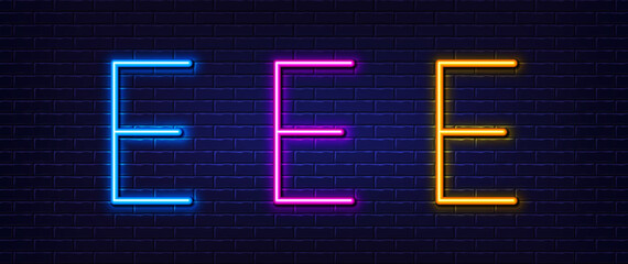 Initial letter E icon. Neon light line effect. Line typography character sign. Large first font letter. Glowing neon light element. Letter E glow 3d line. Brick wall banner. Vector