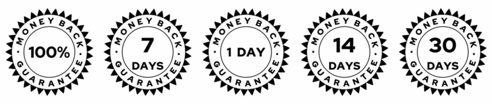Money back guarantee set vector seal. 100%, 1, 7, 14, 30 days