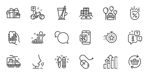 Outline set of Creativity, Cake and Analysis graph line icons for web application. Talk, information, delivery truck outline icon. Include Messenger, Tea mug, Computer mouse icons. Vector