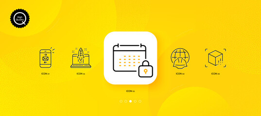 Fototapeta na wymiar Mail, Augmented reality and Calendar minimal line icons. Yellow abstract background. Start business, Global engineering icons. For web, application, printing. Vector