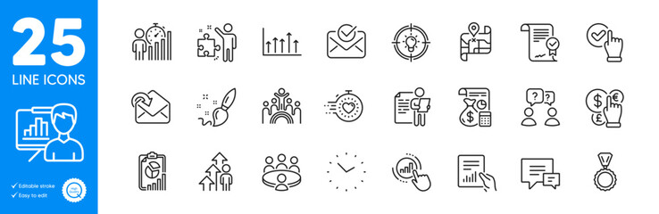Outline icons set. Inclusion, Receive mail and Money currency icons. Time, Business statistics, Comment web elements. Map, Meeting, Timer signs. Document, Idea, Paint brush. Checkbox. Vector