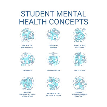 Student mental health turquoise concept icons set. Physical activity and nutrition idea thin line color illustrations. Isolated symbols. Editable stroke. Roboto-Medium, Myriad Pro-Bold fonts used