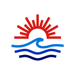Panorama Sea,Wave,sun.Minimalist elegant logo design.Creative sunset or sunshine and wave logo design.