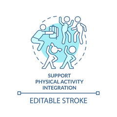 Support physical activity integration turquoise concept icon. School preparedness abstract idea thin line illustration. Isolated outline drawing. Editable stroke. Arial, Myriad Pro-Bold fonts used