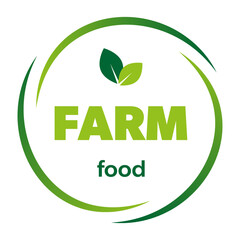 Farm food label, sticker, badge and logo. Farm food icon. Logo template with green leaves for farm food. Vector illustration.