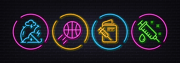 Vaccination passport, Basketball and Stress protection minimal line icons. Neon laser 3d lights. Medical syringe icons. For web, application, printing. Vector