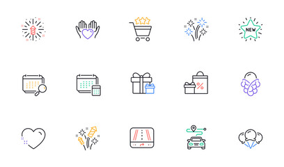 Calendar, Fireworks explosion and Fireworks rocket line icons for website, printing. Collection of Account, Shopping rating, New star icons. Heart, Journey, Surprise package web elements. Vector