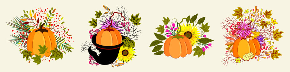 Vector bright collection consists of four autumn bouquets with pumpkin, leaves, sunflowers, acorns, conifer and berries. Isolated on light background. Halloween concept.