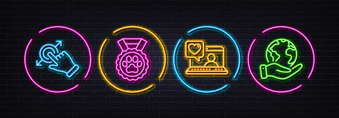Touchscreen gesture, Friends chat and Dog competition minimal line icons. Neon laser 3d lights. Save planet icons. For web, application, printing. Drag drop, Love, Winner medal. Outsourcing. Vector