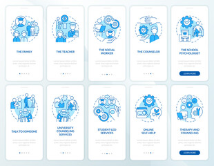Student mental health awareness blue onboarding mobile app screen set. Walkthrough 5 steps editable graphic instructions with linear concepts. UI, UX, GUI template. Myriad Pro-Bold, Regular fonts used