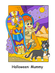 Halloween mummy and Egyptian cat vector colorful illustration