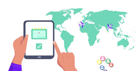 Fototapeta premium Image of world map and media icons over hands using tablet