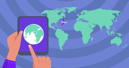 Image of world map over hands using tablet