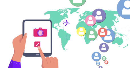 Image of world map and media icons over hands using tablet