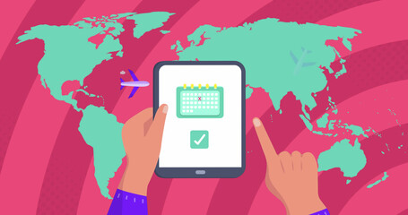 Image of world map over hands using tablet