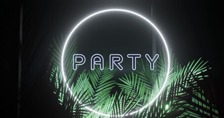 Image of party text and ring in white neon, with palm leaves on black background