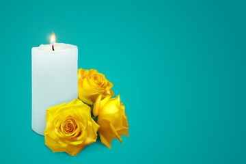 Realistic candle and yellow rosebuds on a blue background. Vector illustration